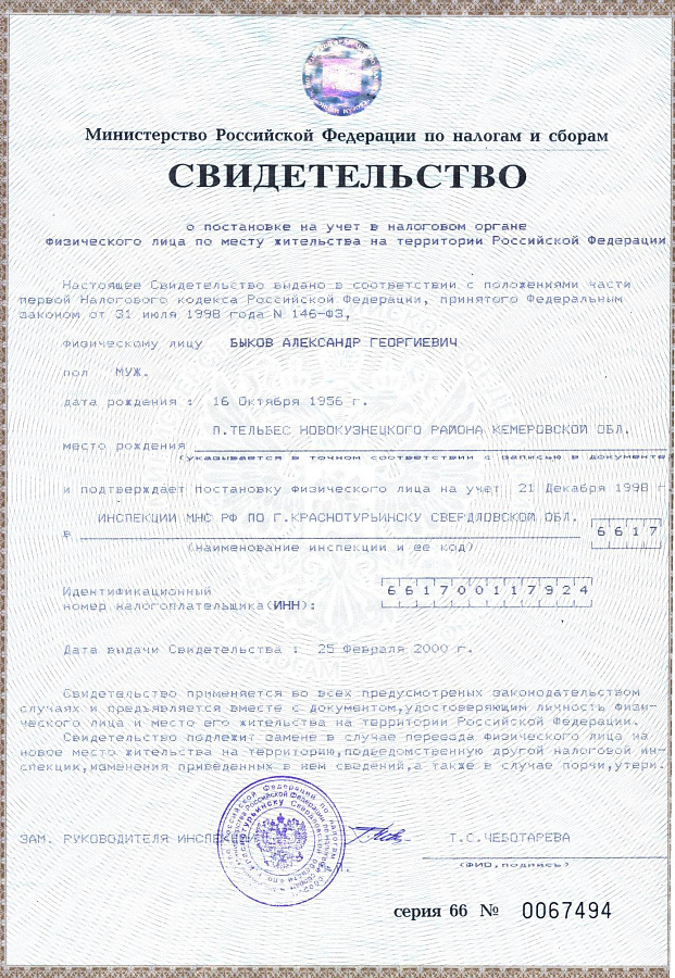 Свидетельство ИНН